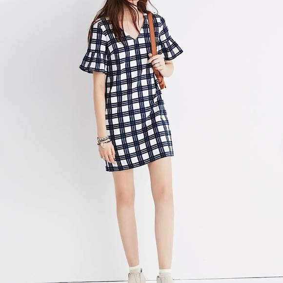 Madewell‎ Women’s Bell Sleeve Mini Dress in Leighton Plaid Blue White Size 12 - Picture 1 of 10